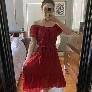 SOLD Max Studio Off Shoulder Crimson Ruffle Dress